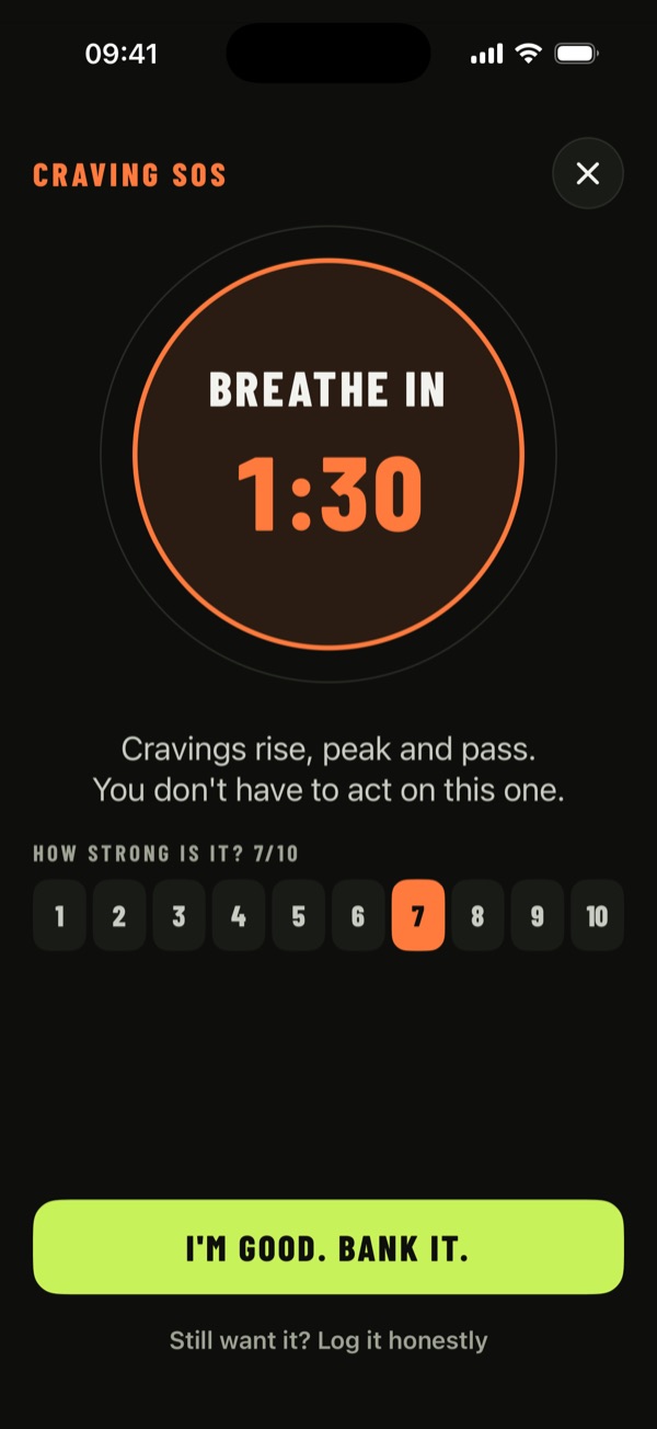 Craving SOS in the app: a breathing circle counting down from 1:29