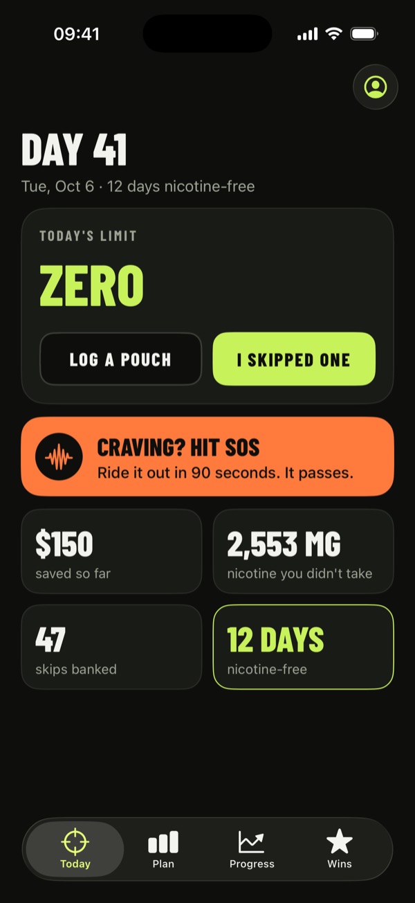 Today screen: today's limit is zero, with log and skip buttons, Craving SOS, and $150 saved